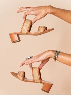 PATRICIA GREEN Rafia Leather Block Heeled Sandal Cognac Heel Beachy Minimal 8